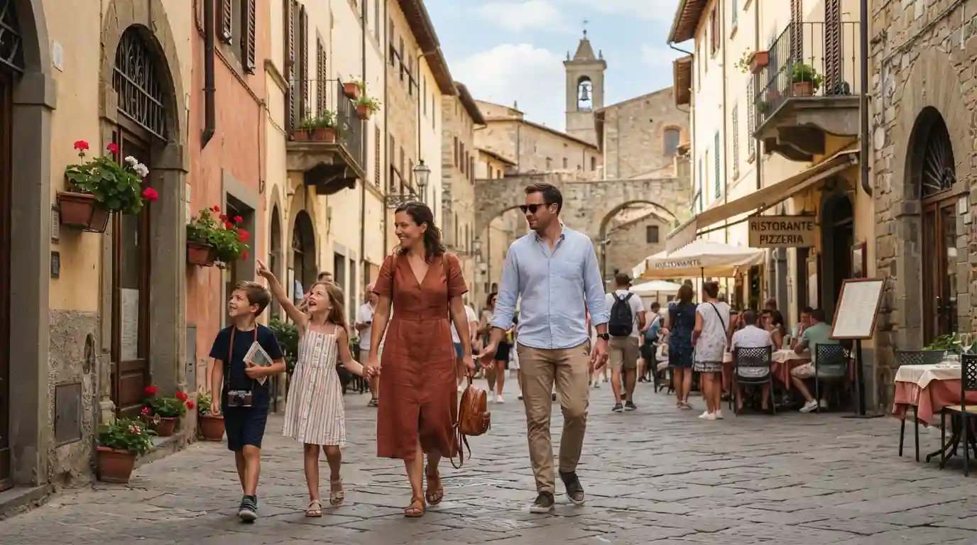 Family exploring a charming European city during a vacation with children