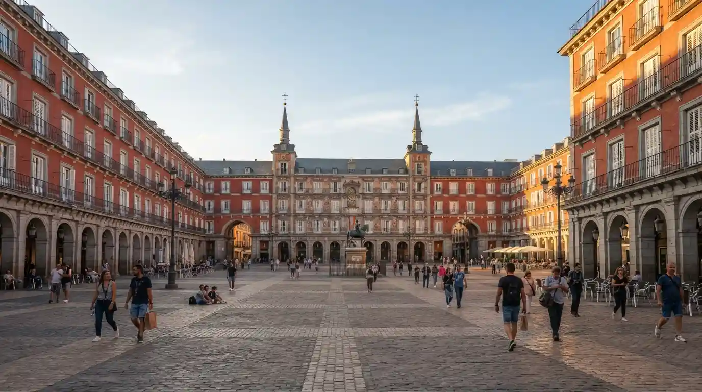Historic Plaza Mayor in Madrid, Spain, surrounded by traditional Spanish architecture during golden hour.