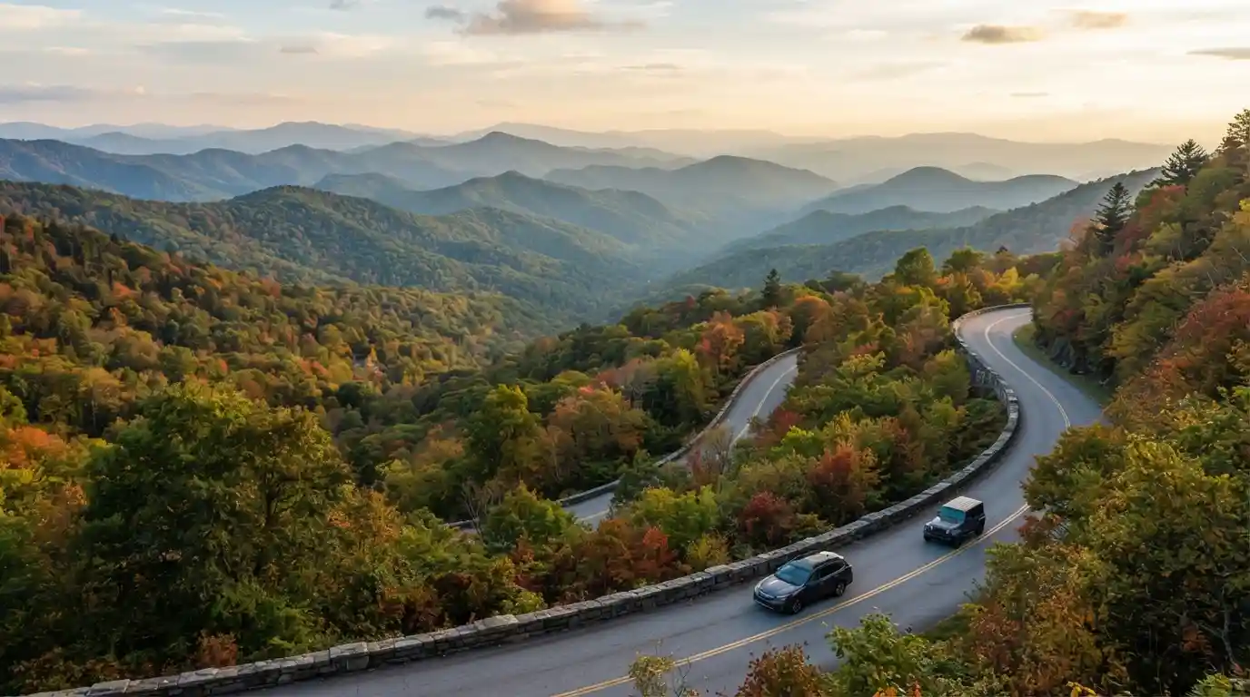 Layered Smoky Mountains with a scenic road winding through an autumn forest