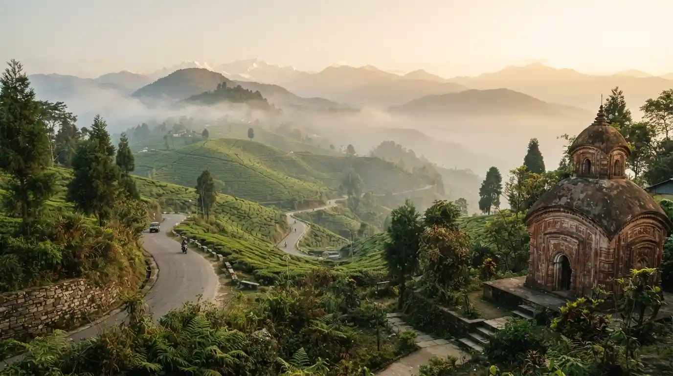 Scenic West Bengal landscape with green Himalayan foothills, tea gardens, and traditional architecture