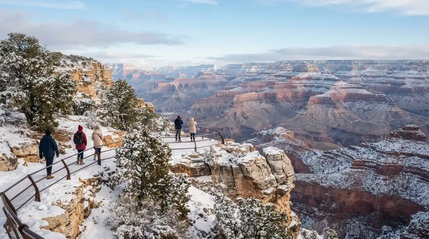 Snow-covered Grand Canyon South Rim landscape during winter in Arizona