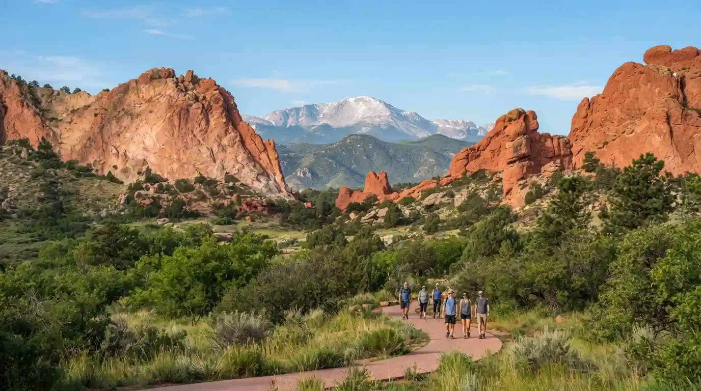 Garden of the Gods red rock formations with Pikes Peak in the background on a summer day