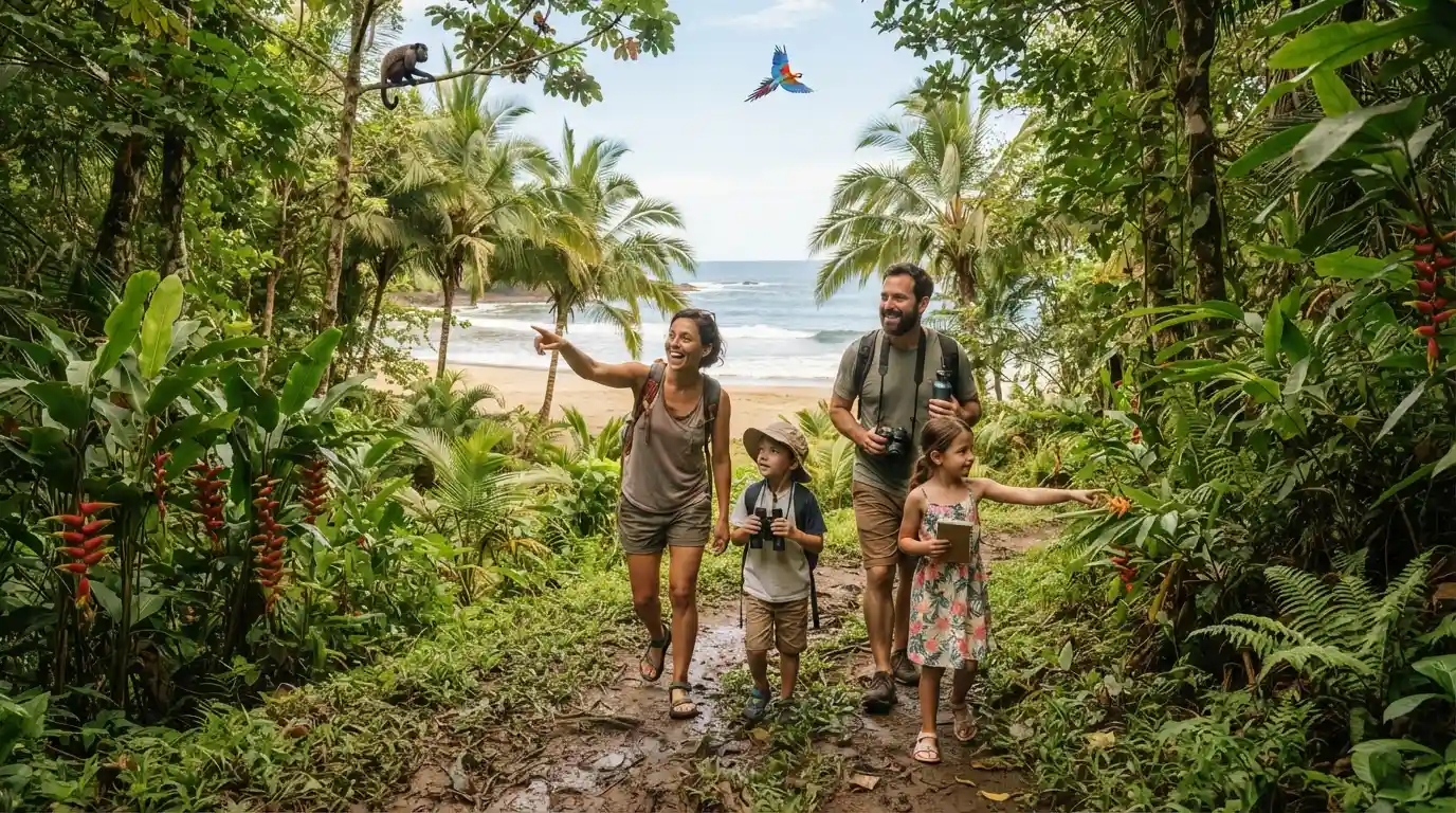 Family exploring a tropical Costa Rican trail near a beach