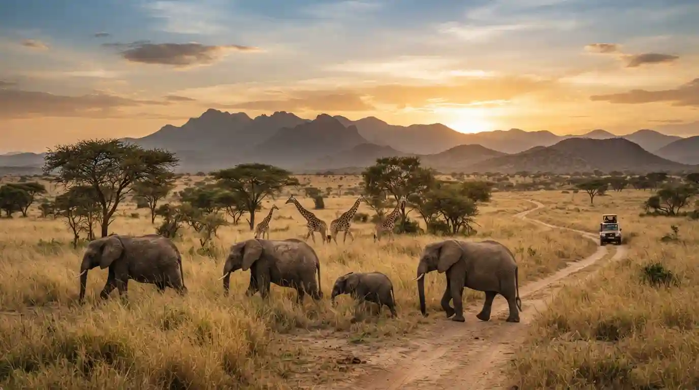 Elephants and giraffes across an African savanna during golden hour
