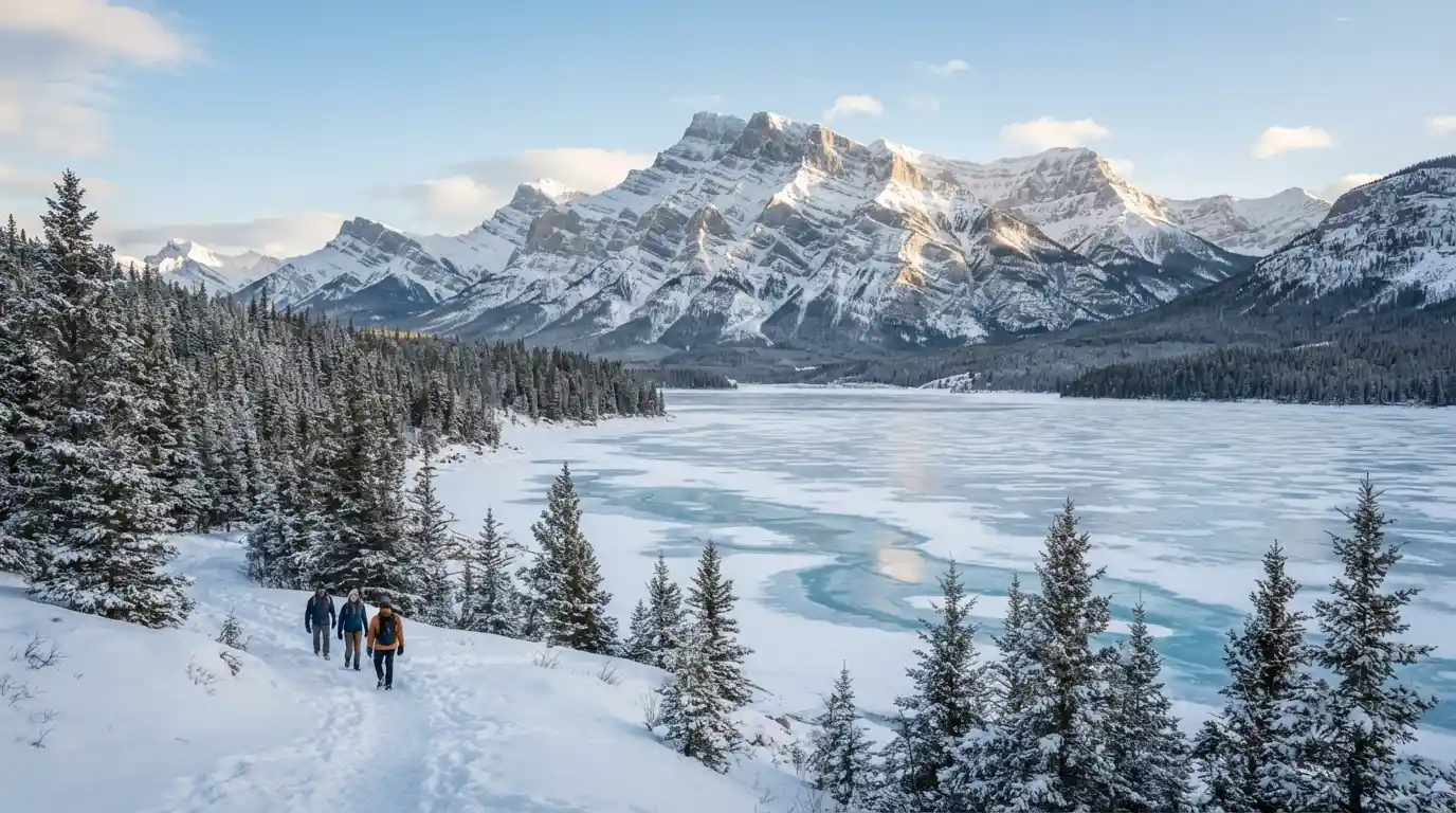 Snow-covered Canadian Rockies and a frozen mountain lake in Alberta during winter
