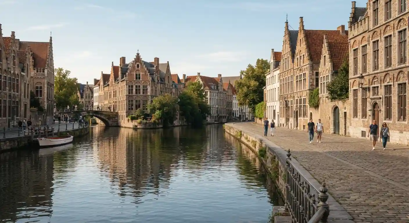 Historic Belgian cityscape with medieval architecture, canal, and European streets