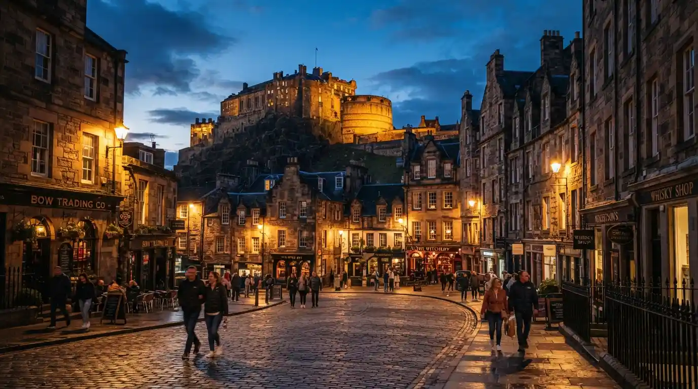 Edinburgh Old Town and castle illuminated after sunset