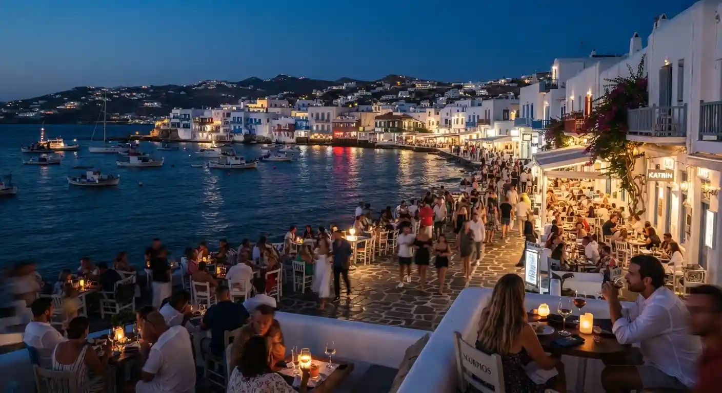 Nightlife scene in Greece with a lively coastal town, illuminated waterfront venues, and people enjoying the evening