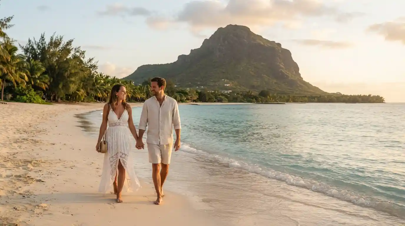 Couple walking along a tropical Mauritius beach with Le Morne mountain in the background