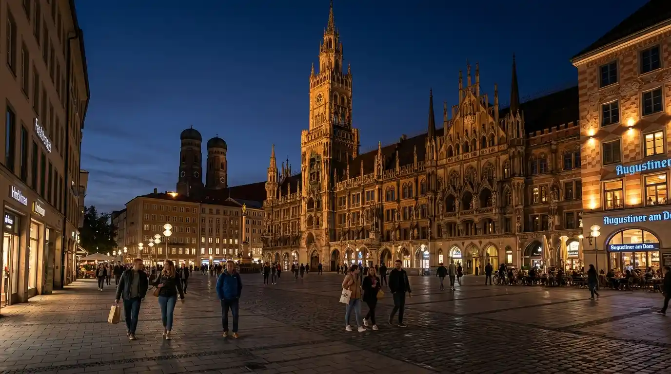 Munich's illuminated Neues Rathaus overlooking Marienplatz during the evening.