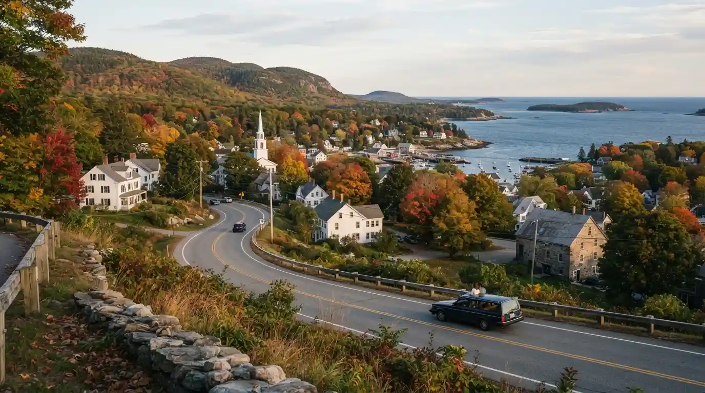 Scenic New England landscape with autumn foliage, historic homes, and forested hills
