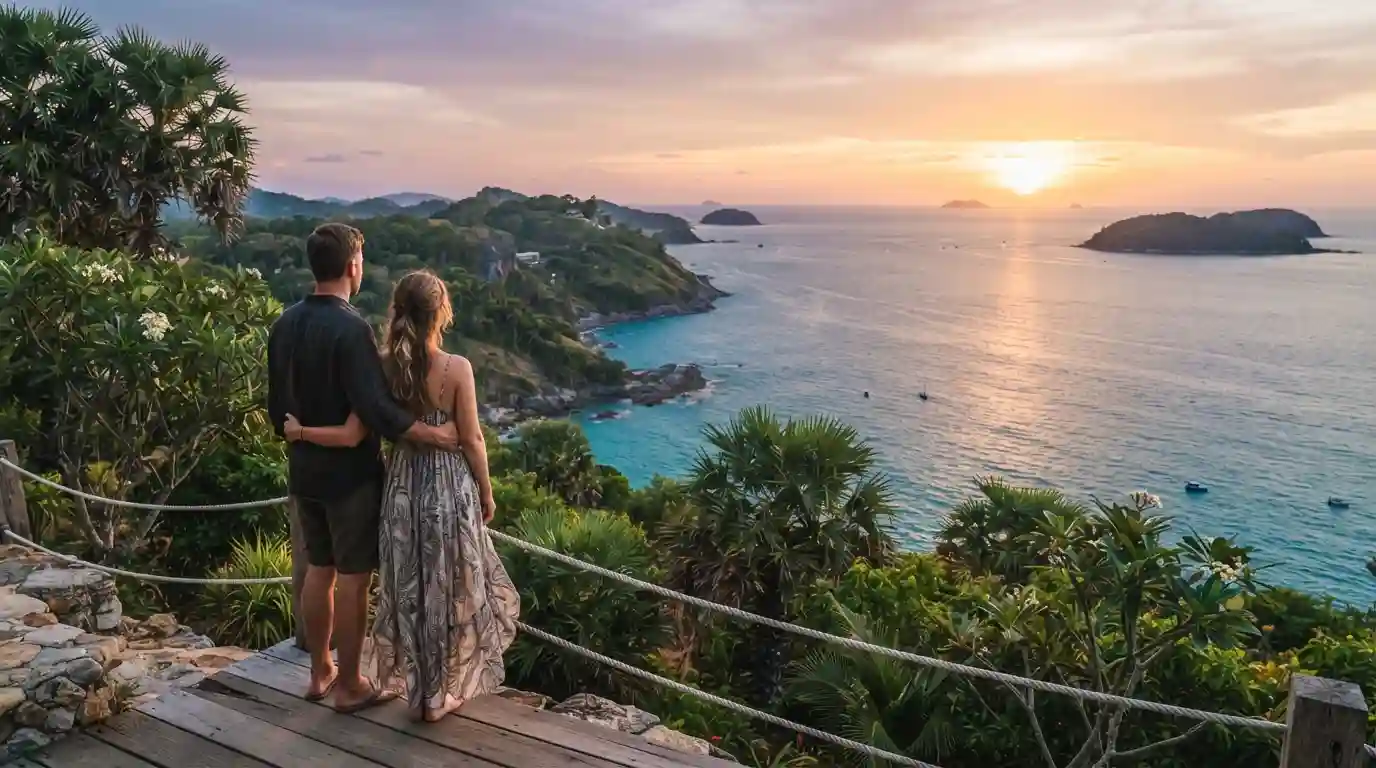 Couple enjoying a sunset view over Phuket's tropical coastline and Andaman Sea