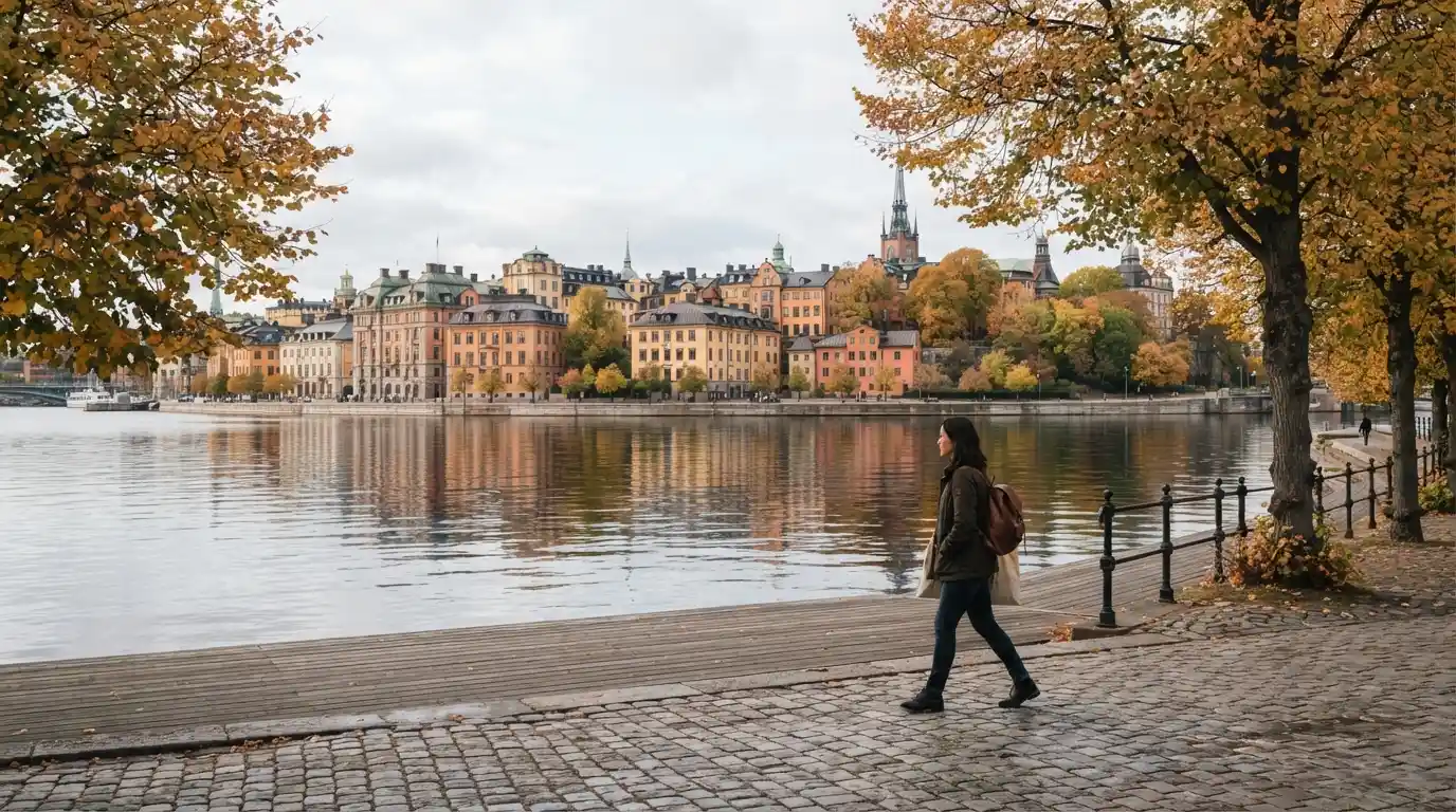Stockholm waterfront and historic architecture surrounded by colorful autumn foliage