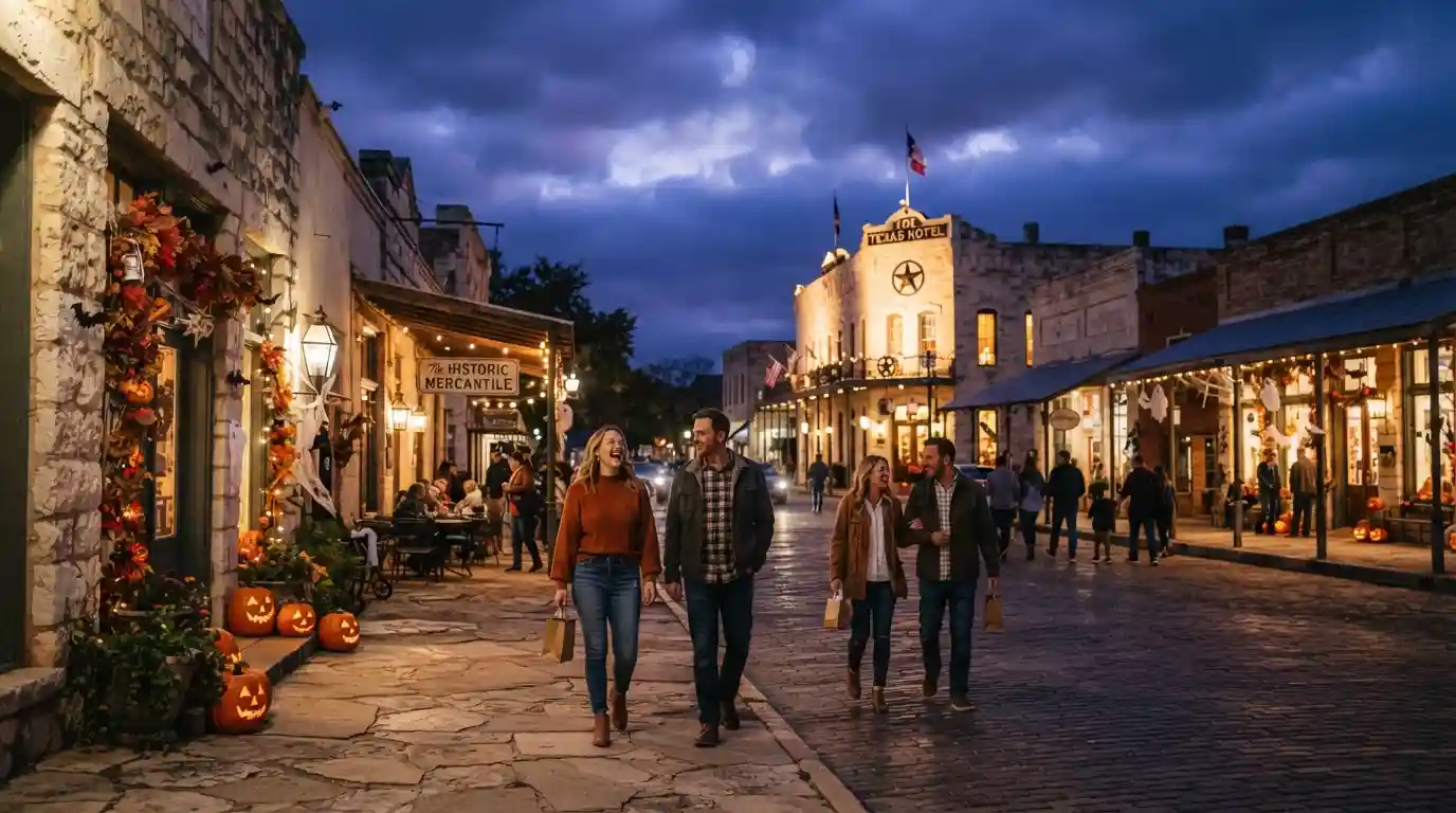 Historic Texas street decorated with pumpkins and Halloween decorations at dusk
