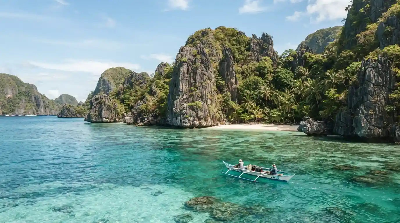 Tropical Philippine coastline with turquoise water, sandy beach, limestone cliffs, and an island boat
