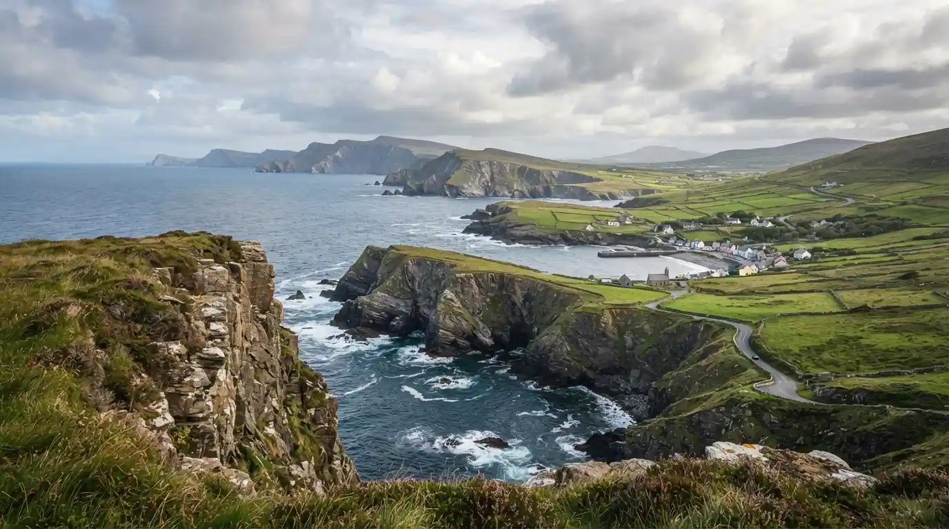 Rugged Atlantic cliffs and green countryside along the coast of West Ireland