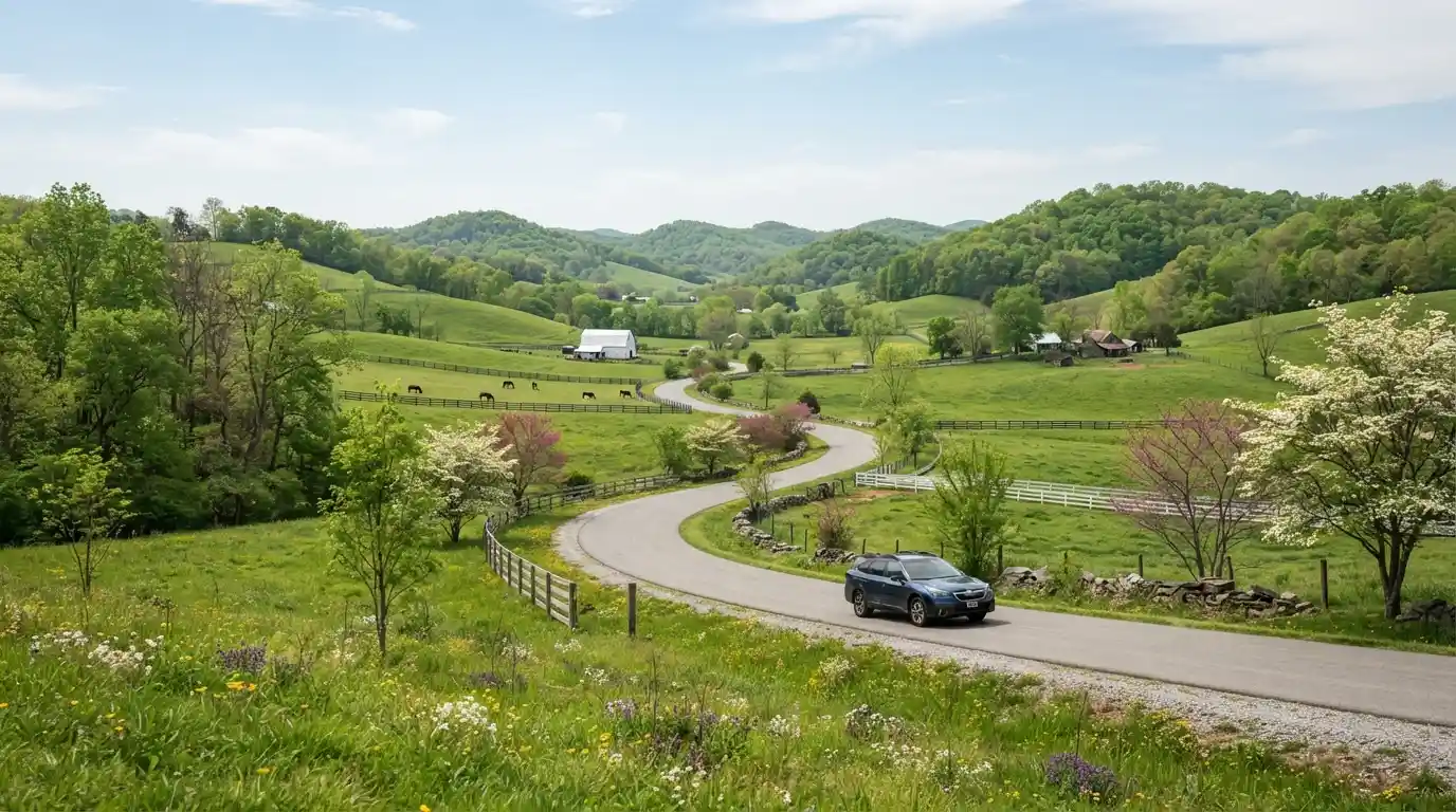 Scenic Kentucky landscape in spring with green rolling hills, flowering trees, and a winding road