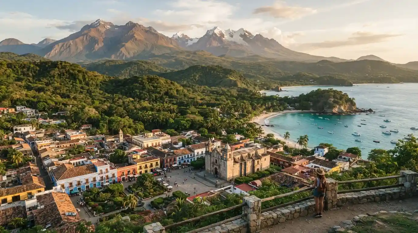 Scenic South and Central American landscape with mountains, rainforest, coastline, and colorful town
