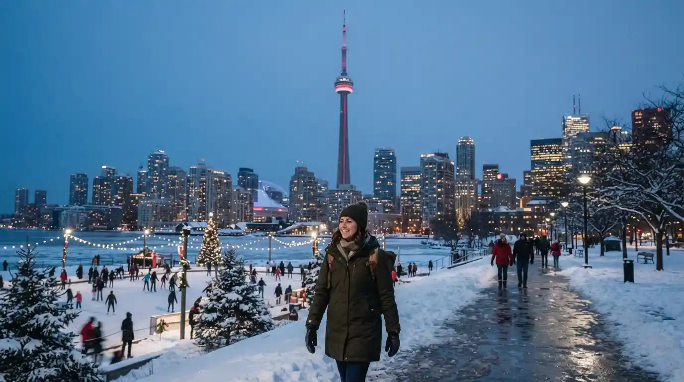 Toronto skyline with the CN Tower and a snowy downtown winter scene