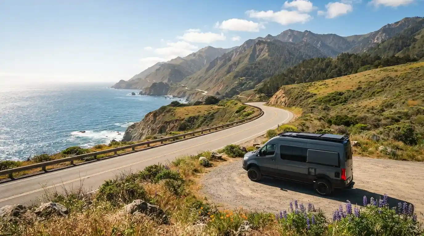 Scenic American summer road leading toward mountains and a sunny coastal landscape