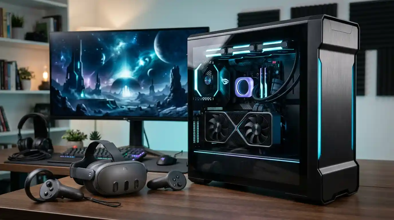Gaming desktop with RGB lighting, a virtual reality headset, motion controllers, and an immersive gaming display.