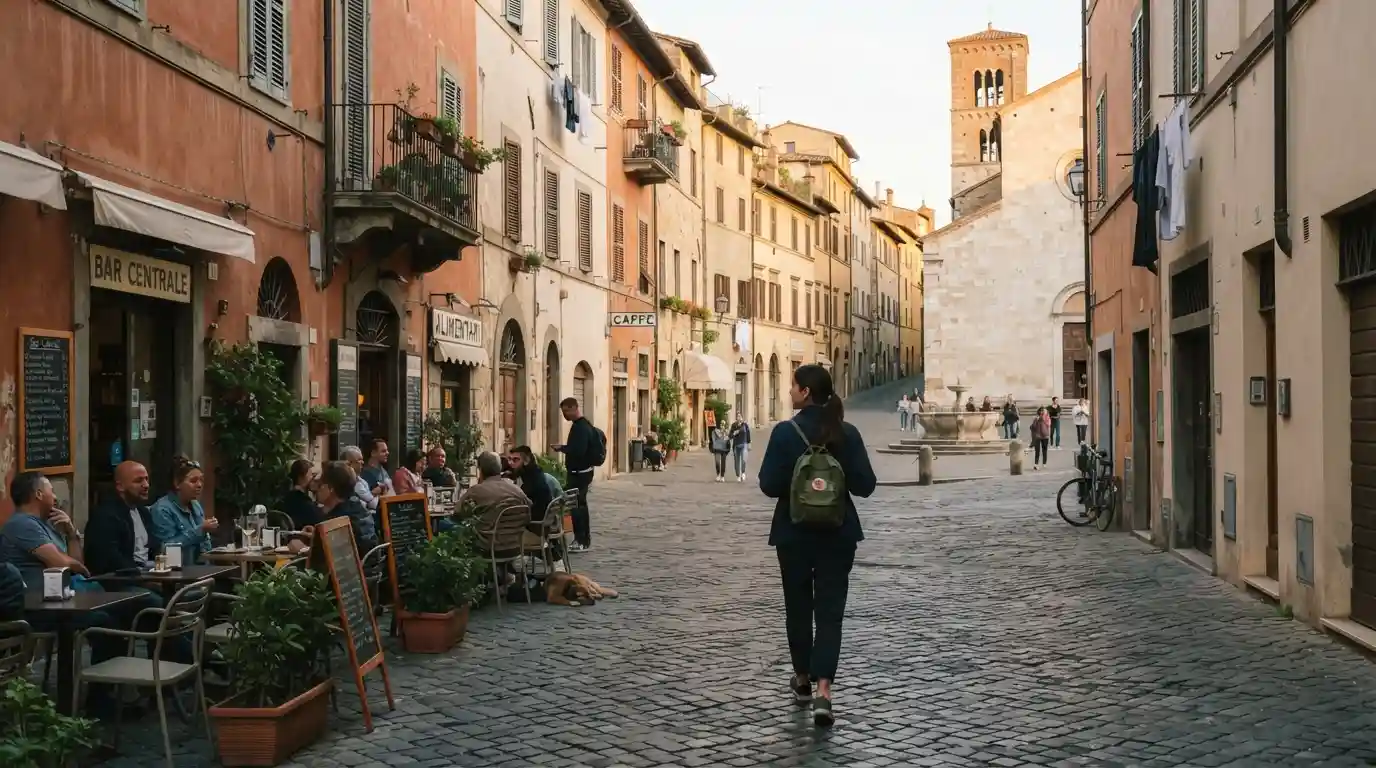 Traveler exploring an affordable historic European city with local cafés and pedestrian streets