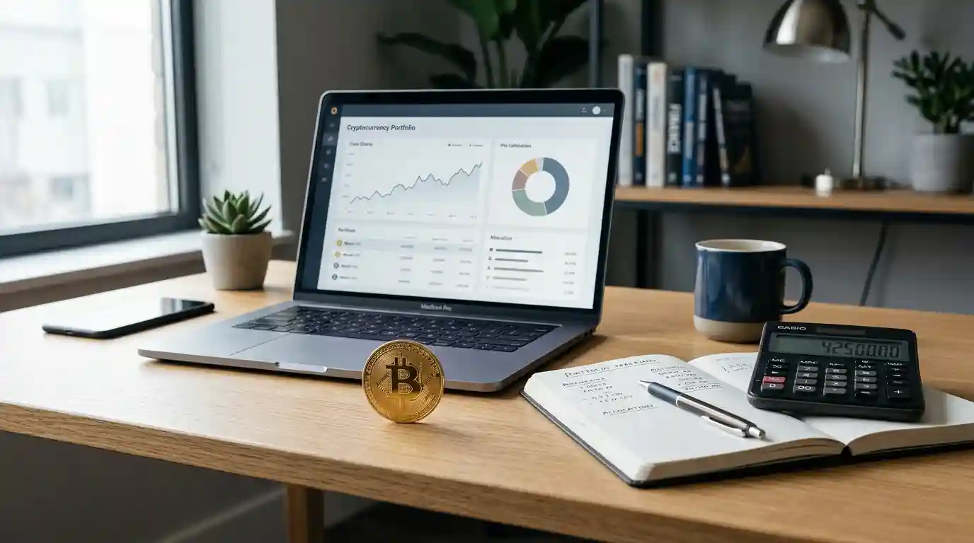 Gold-colored Bitcoin coin beside a laptop displaying a cryptocurrency portfolio dashboard.