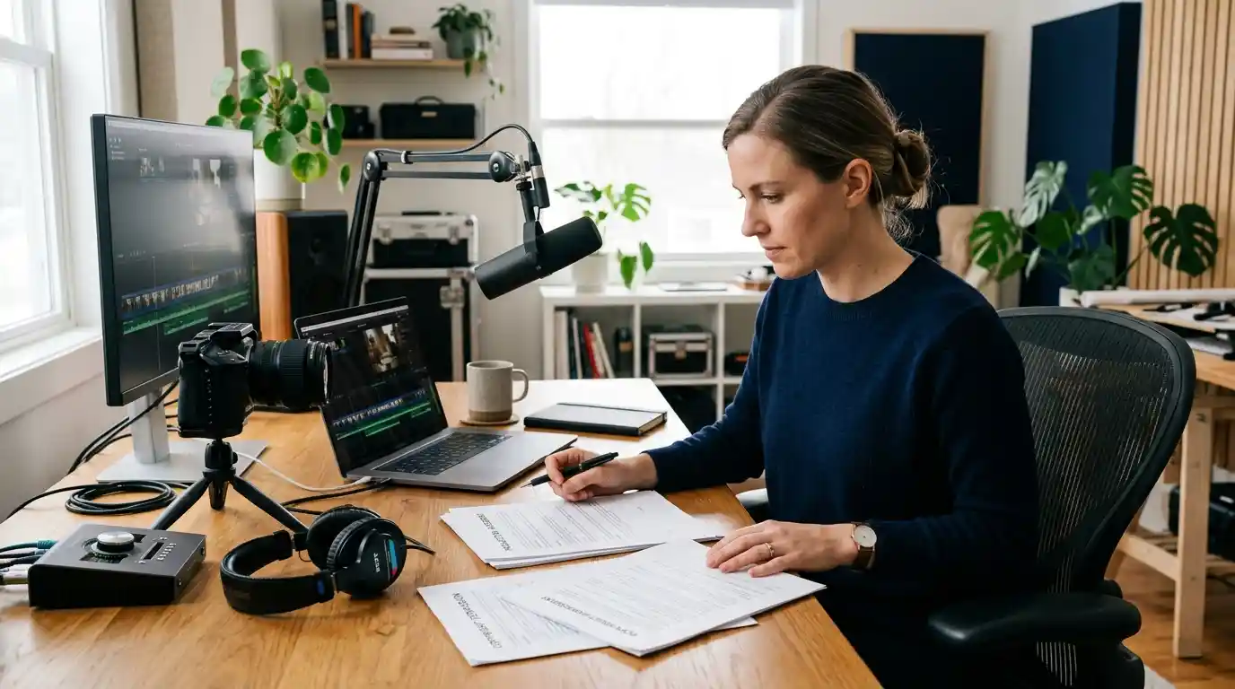 Content creator reviewing production agreements and copyright documents beside video recording equipment.