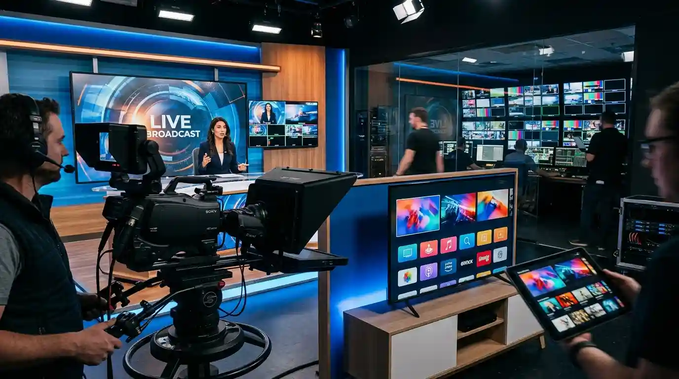 Broadcast camera and presenter in a television studio with production monitors in the background.