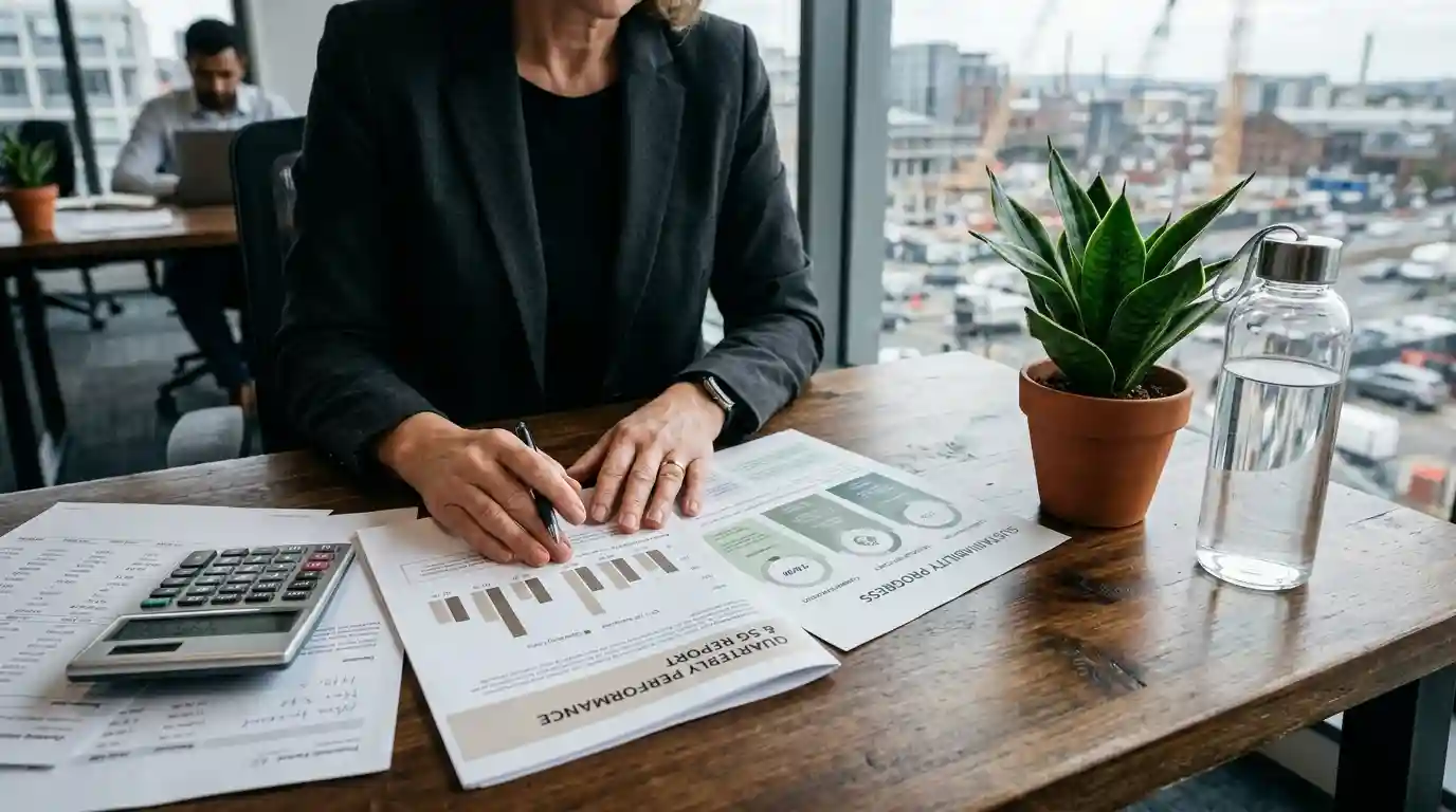 Financial reports and a green plant on an office desk representing the relationship between business profitability and sustainability.