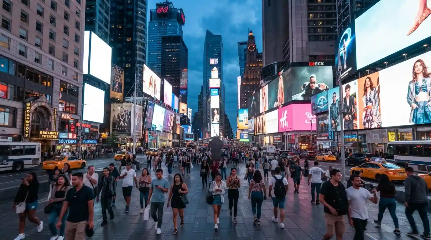Times Square in New York City filled with pedestrians beneath illuminated digital billboards