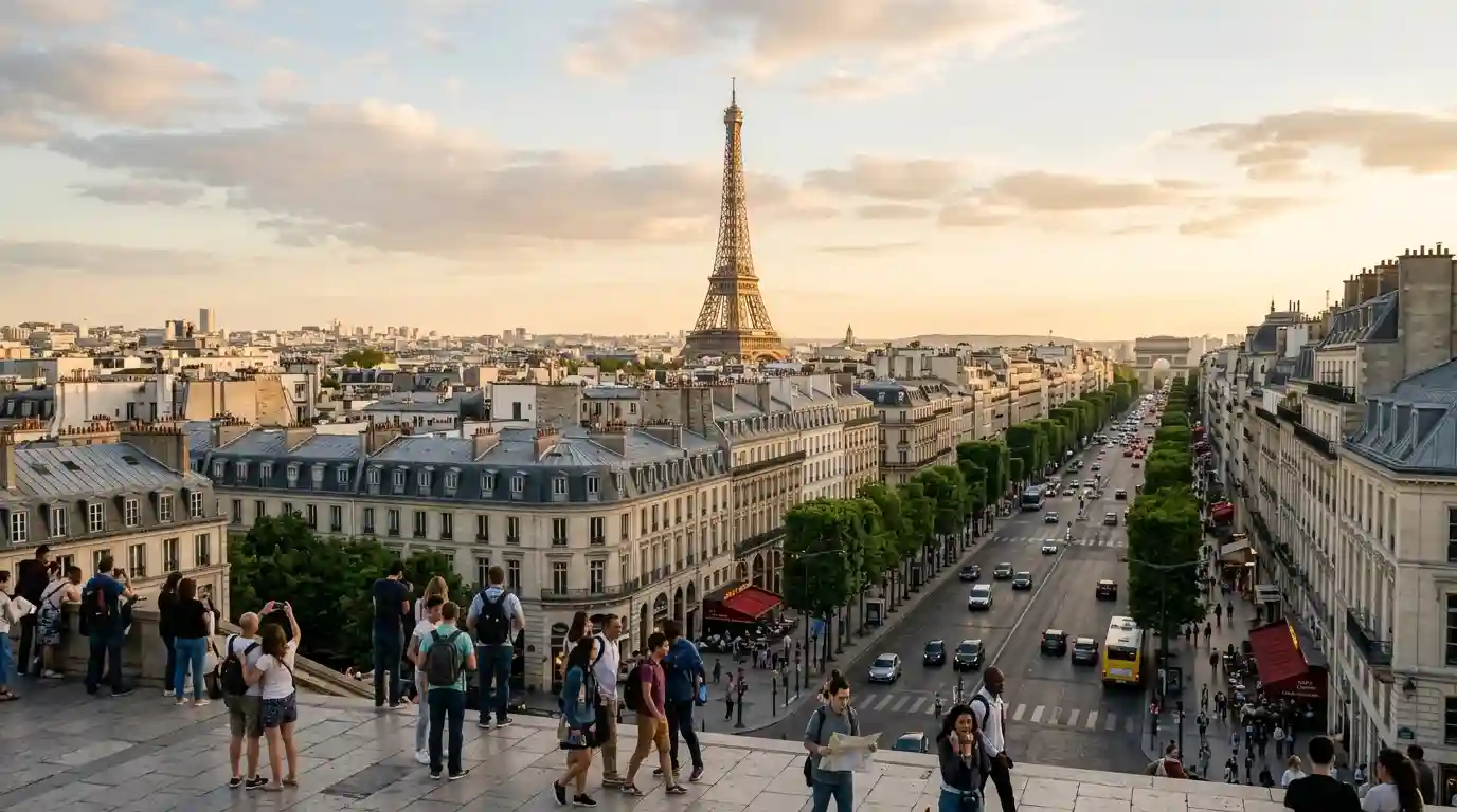Tourists exploring a famous European city with the Eiffel Tower in the distance.