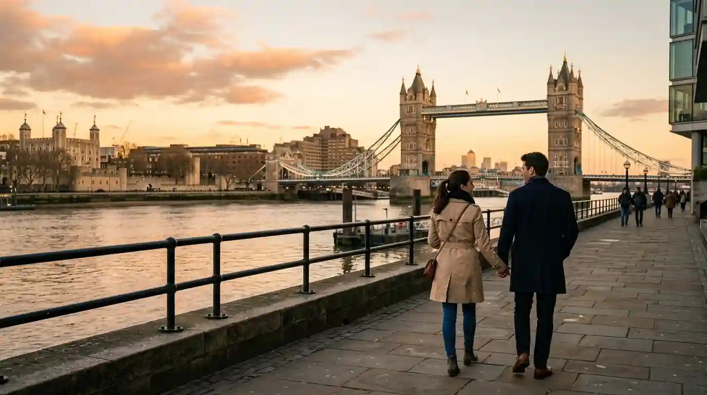 Couple walking beside the River Thames with Tower Bridge in the London skyline.