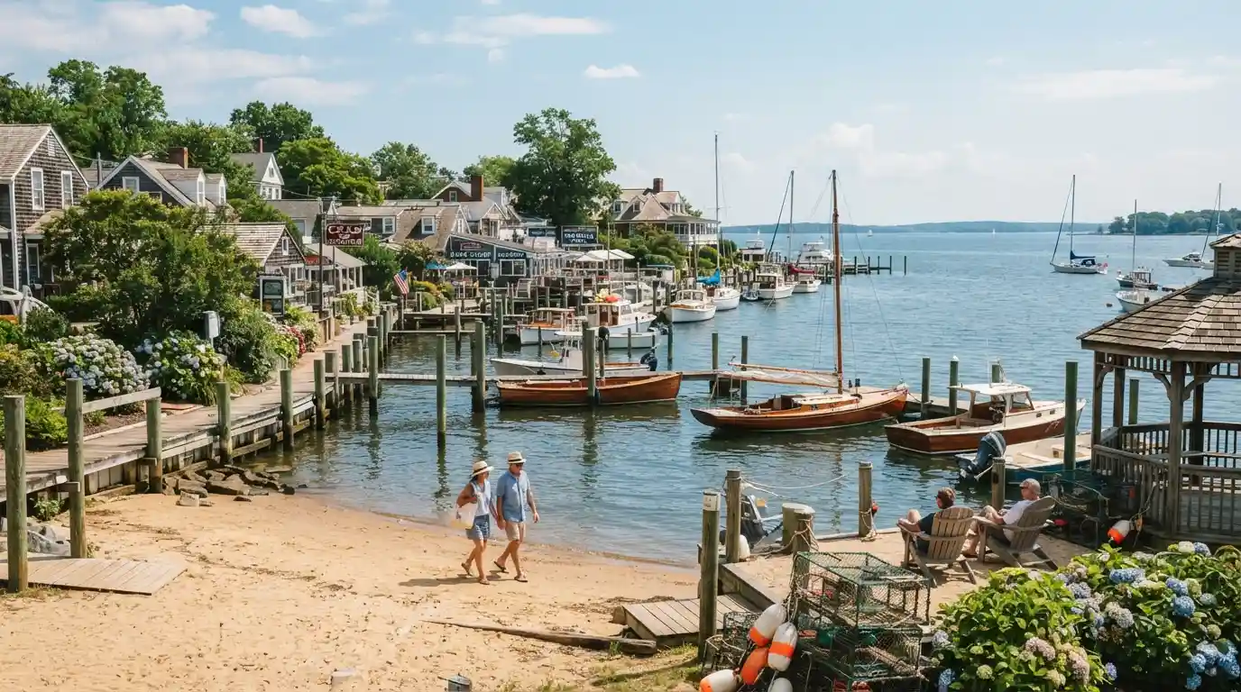 Scenic Maryland waterfront destination with beach, blue water, and green summer landscape