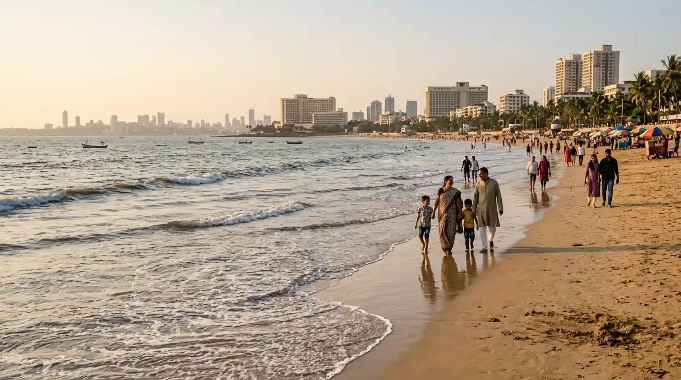 Visitors walking along Juhu Beach in Mumbai with the Arabian Sea in the background.
