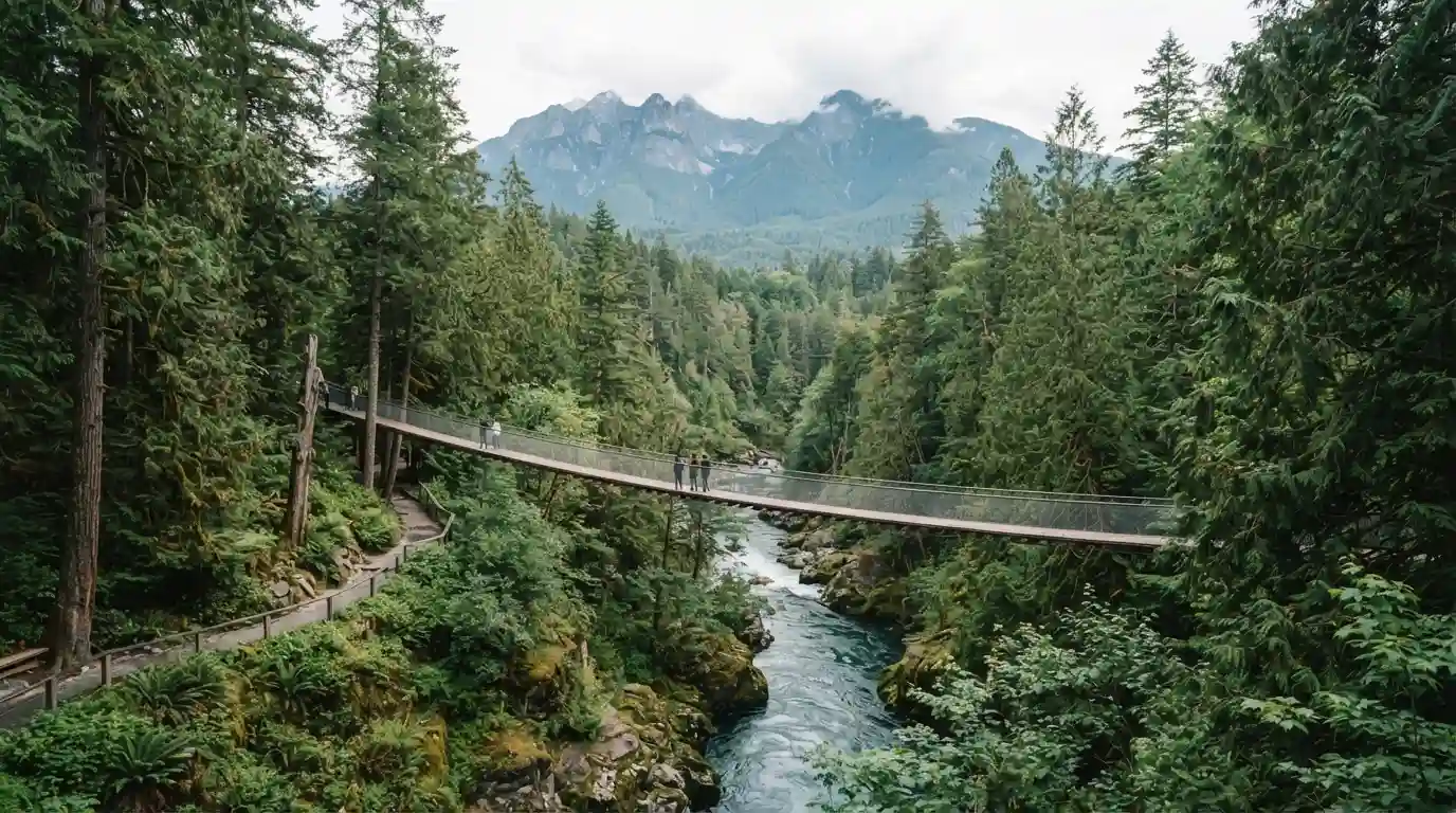 Lush North Vancouver forest and suspension bridge with North Shore mountains in the background