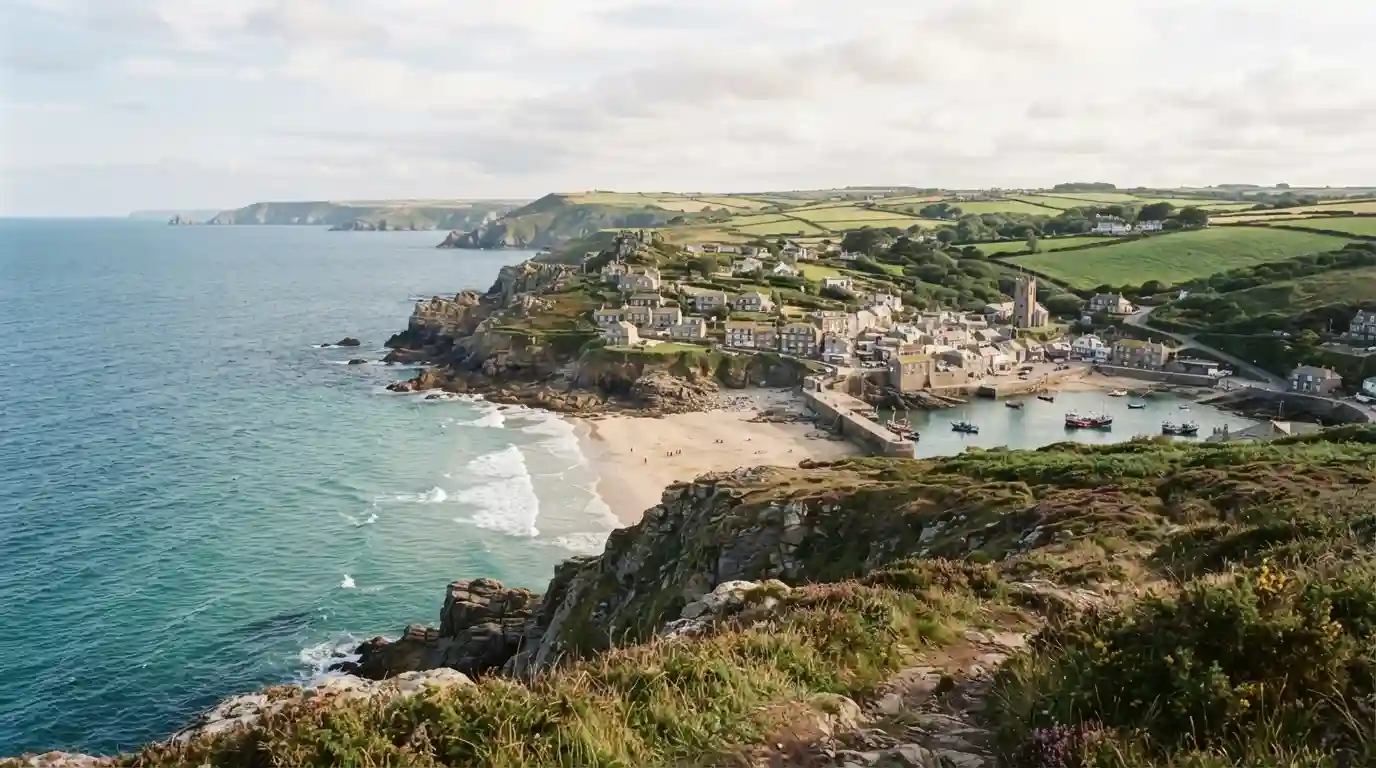 Dramatic South West England coastline with green countryside and a historic coastal town