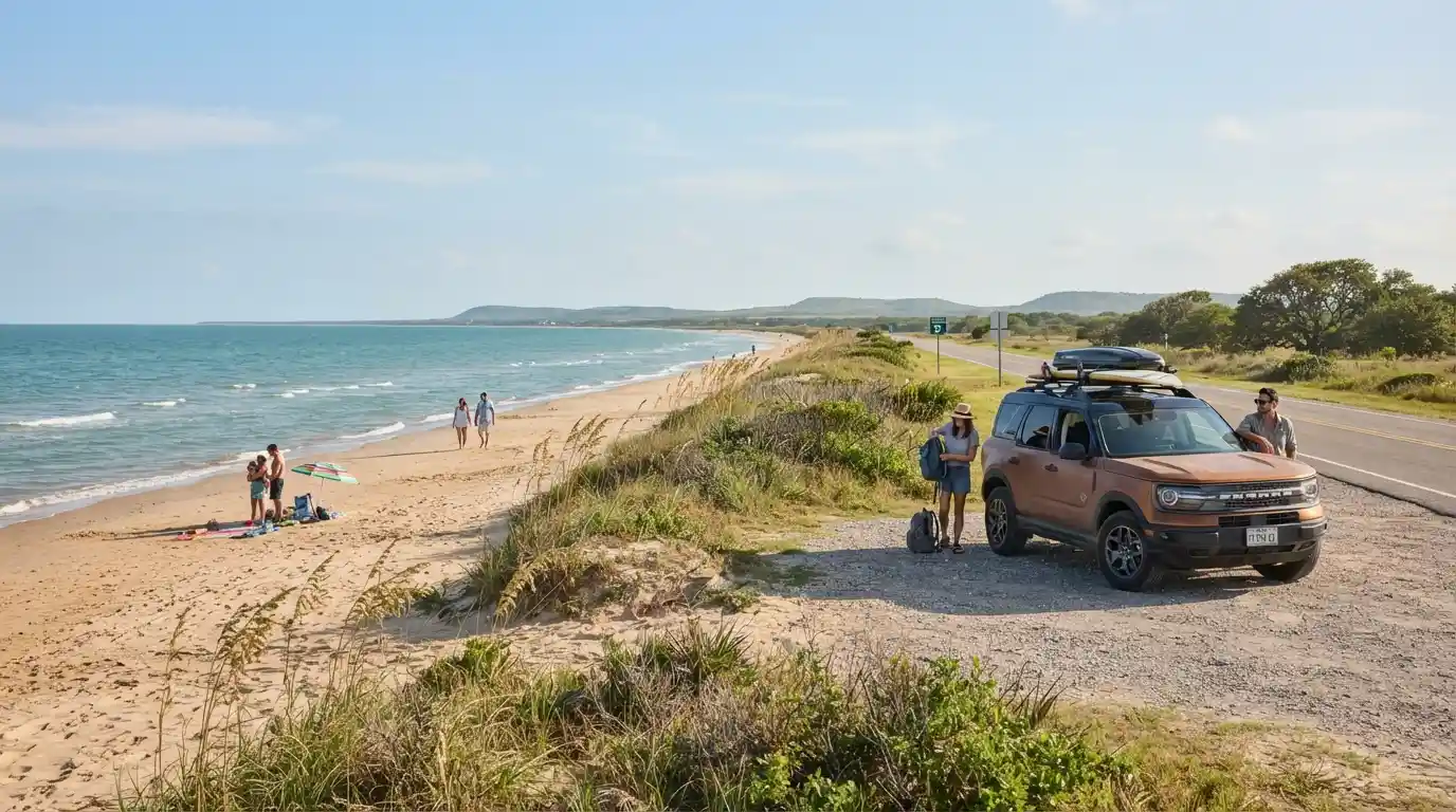Texas spring break travel scene with a sandy Gulf Coast beach, scenic road, and sunny spring landscape