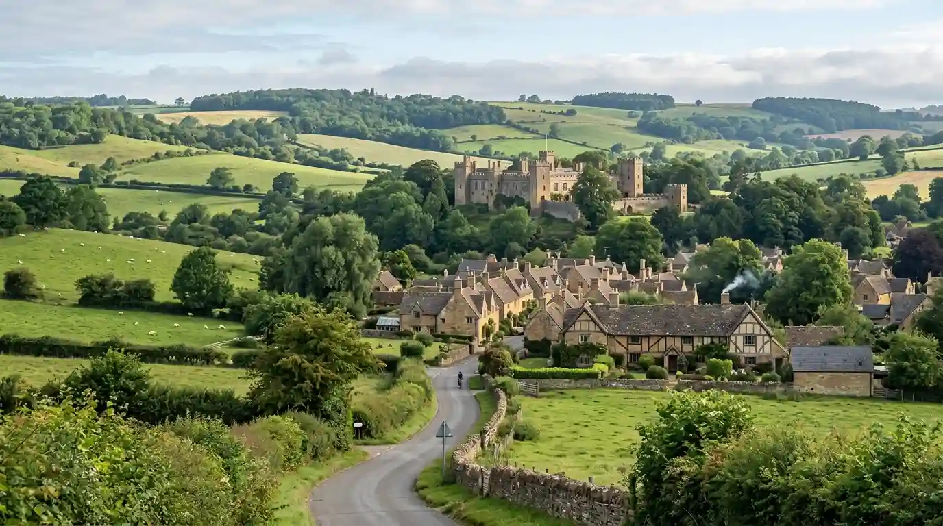 Historic English village and castle surrounded by green countryside in the Midlands.