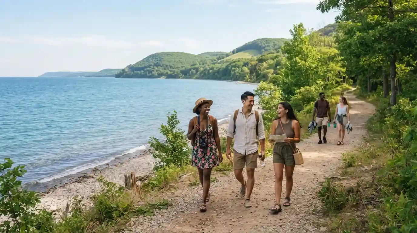 Summer road trip landscape near Ohio with a scenic lake, green trees, and travelers exploring the shoreline