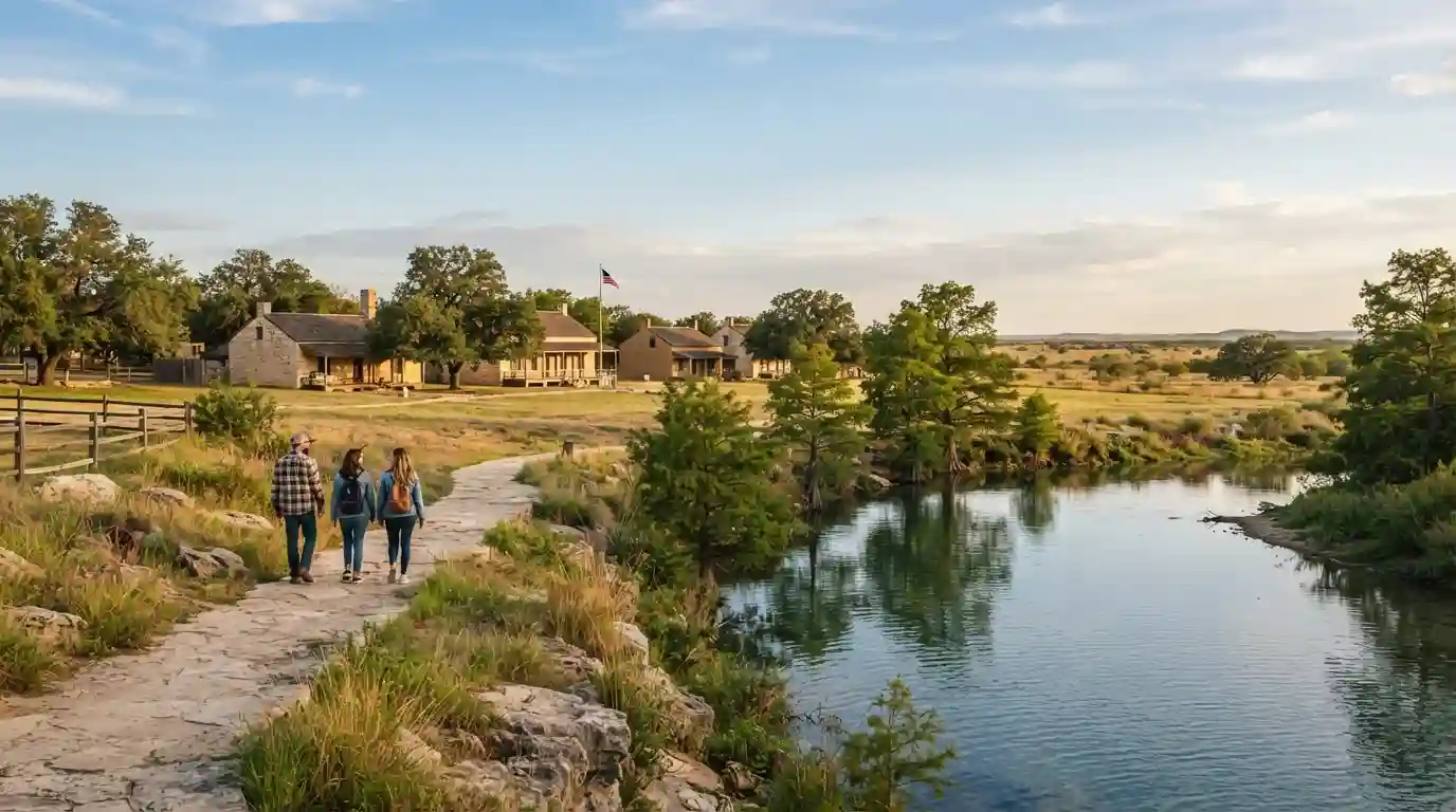 Travelers walking beside the Concho River near historic attractions in San Angelo, Texas