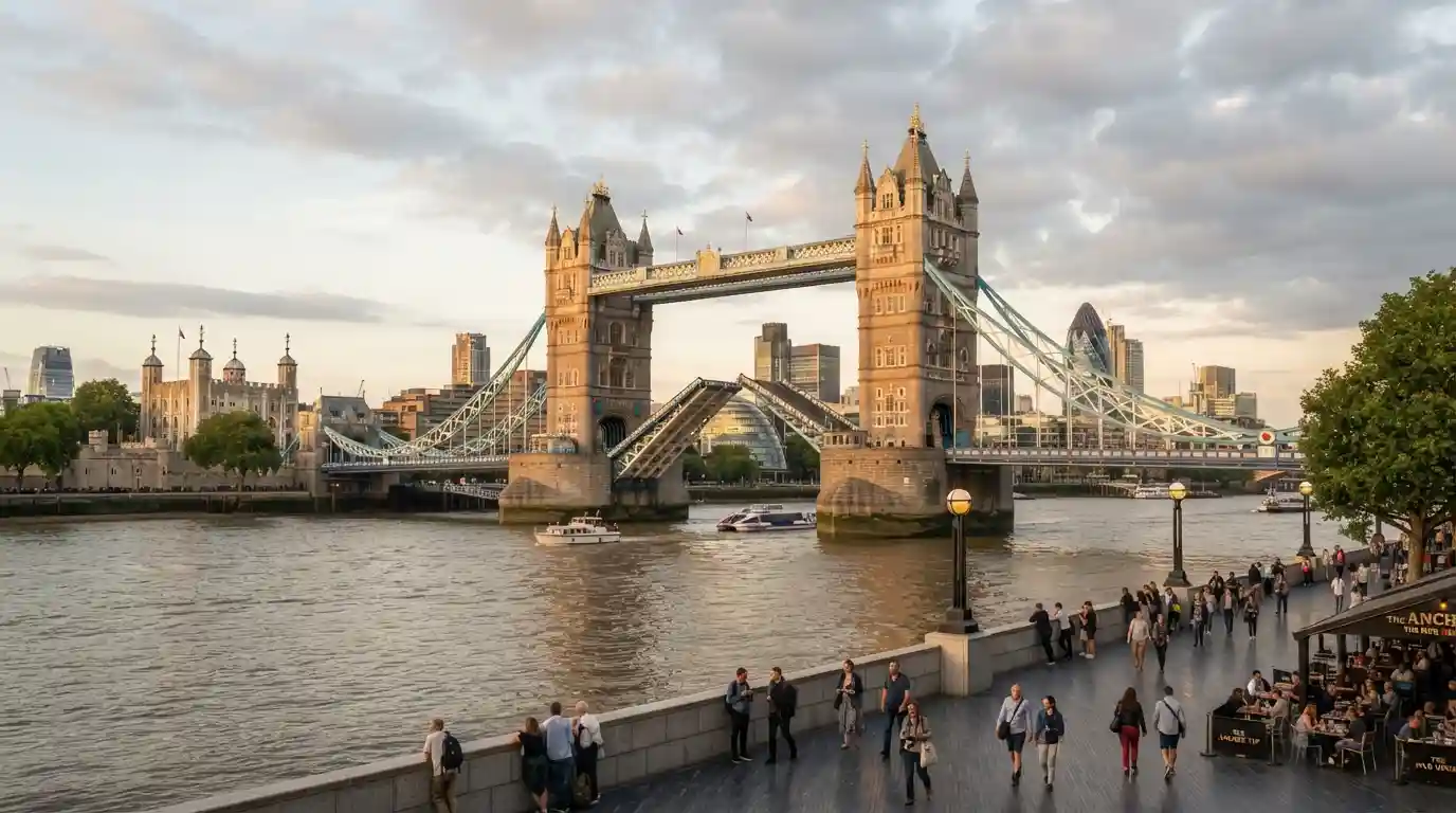 Tower Bridge over the River Thames with London's skyline and riverside attractions nearby