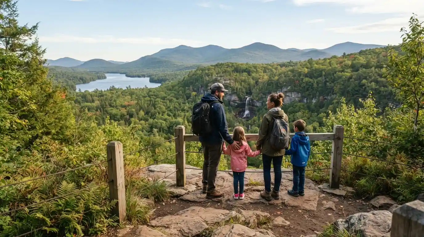 Family enjoying a scenic outdoor destination in New York State with mountains, forest, and a lake in the background