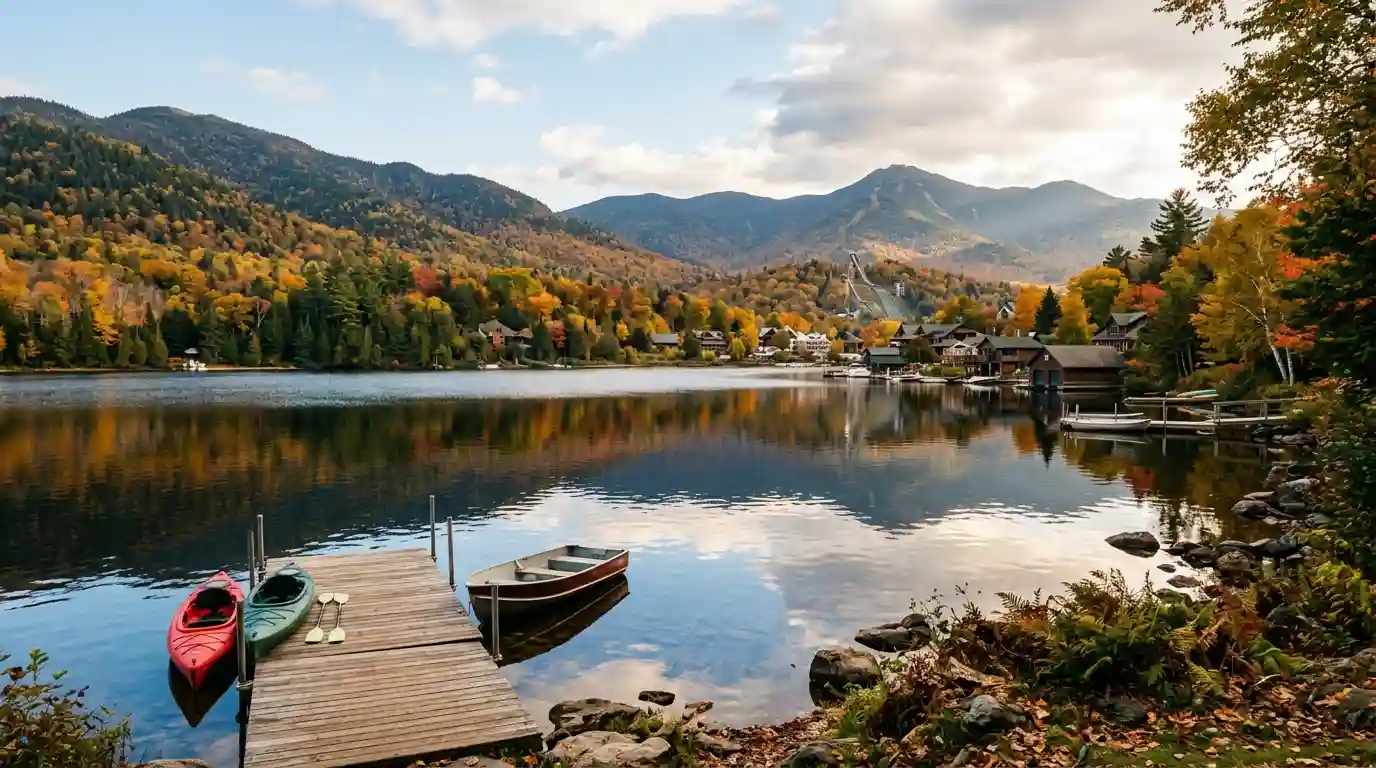 Forest-covered Adirondack mountains surrounding a peaceful lake in Upstate New York.