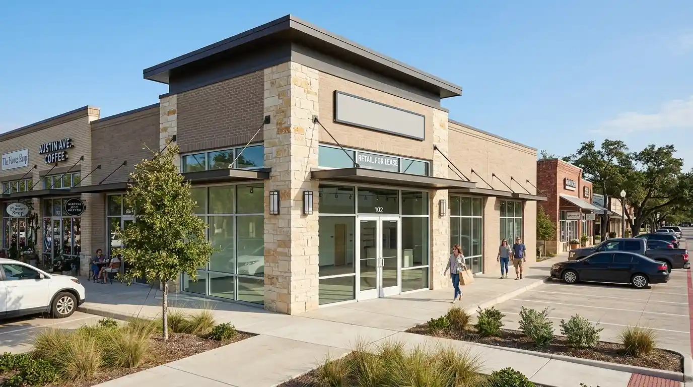 Modern retail storefront with glass windows and customer parking in a suburban commercial district.