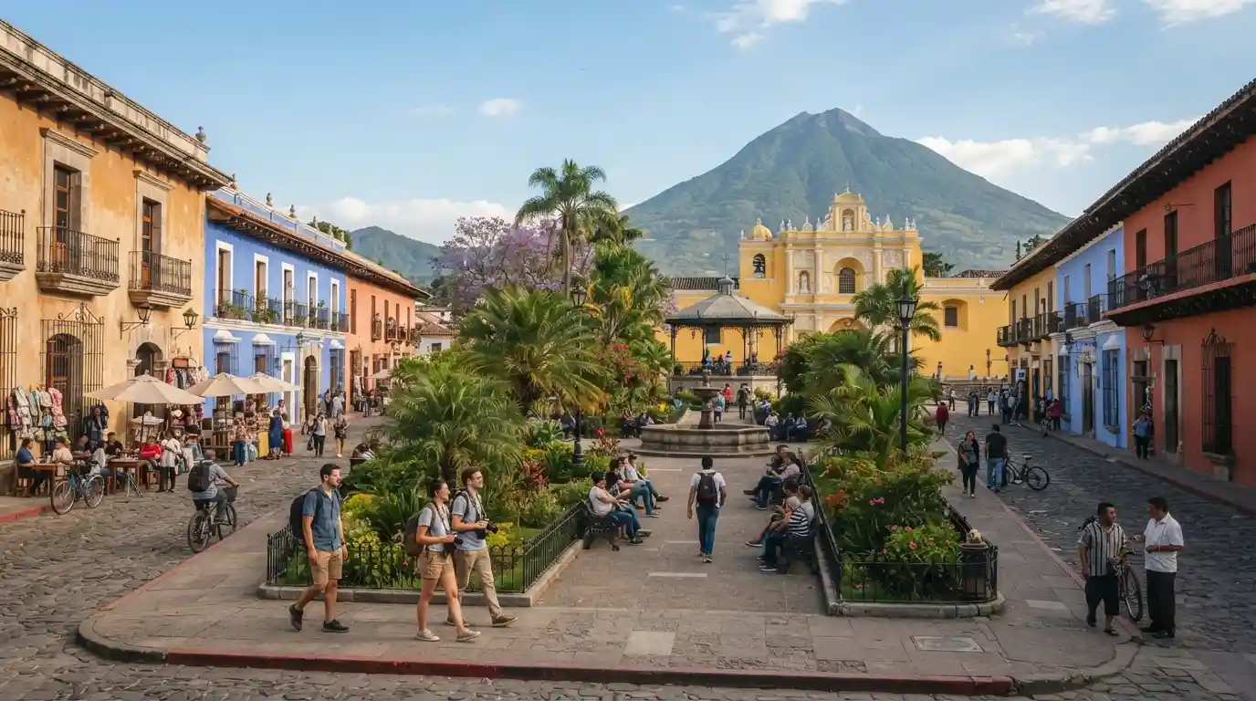 Travelers exploring a colorful Latin American historic city during daylight