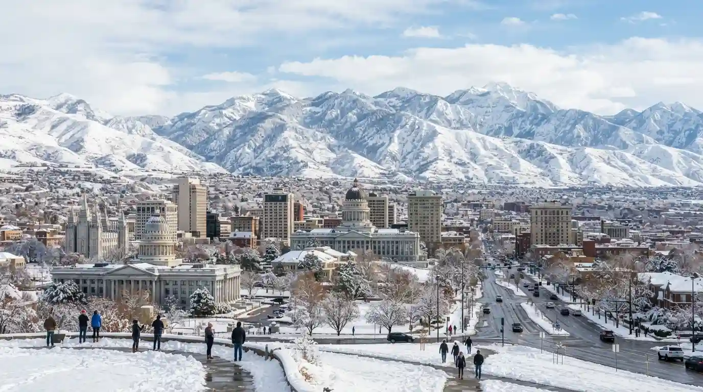 Salt Lake City skyline with snow-covered Wasatch Mountains in winter