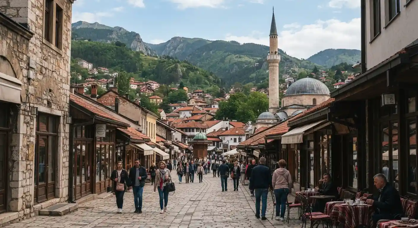 Historic Sarajevo with the old town, mosque architecture, surrounding hills, and city skyline