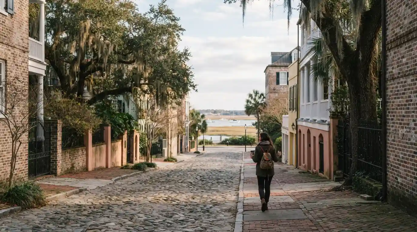 Historic Charleston street and coastal scenery in South Carolina during winter