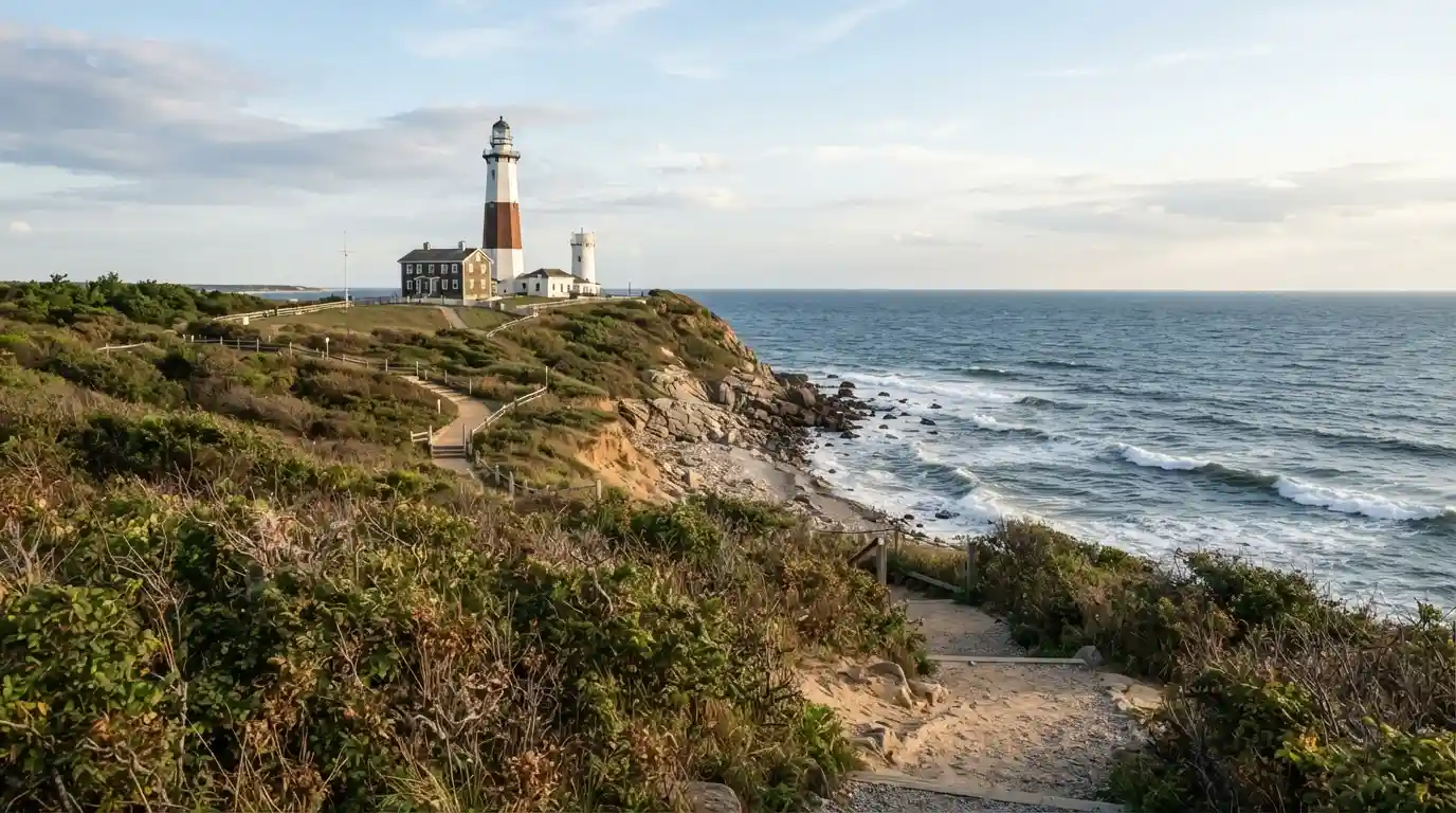 Montauk Point Lighthouse and the Atlantic coastline in Suffolk County, New York